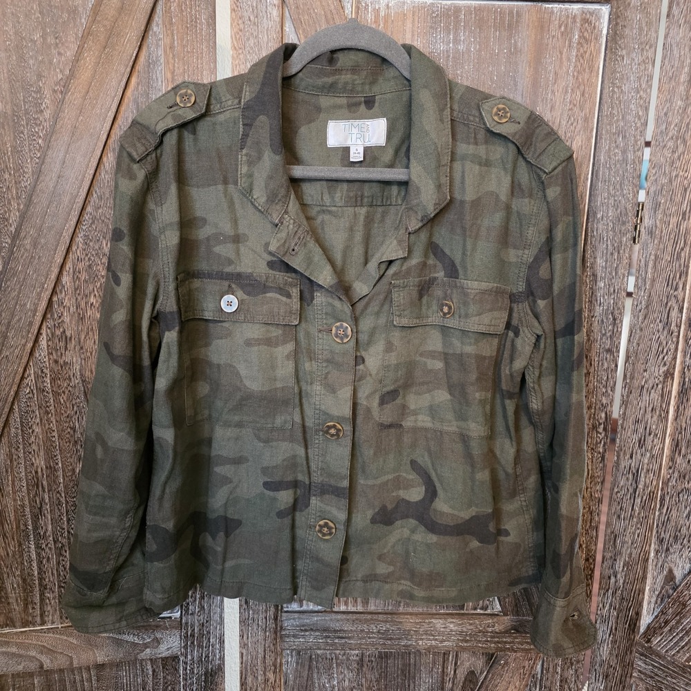 Time And Tru Jacket Women's Size S (4-6) Green Camo Button Up Linen Blend